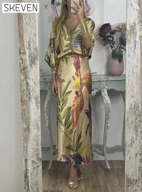 Elegant V-Neck Two-Piece Dress Yellow casual dress casual dresses dress DRESSES maxi dress two TWO PIECES SETS TWO-PIECES