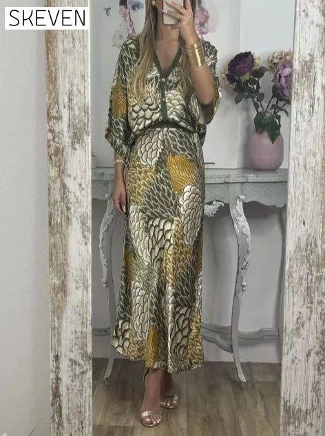 Elegant V-Neck Two-Piece Dress Multi-Yellow casual dress casual dresses dress DRESSES maxi dress two TWO PIECES SETS TWO-PIECES