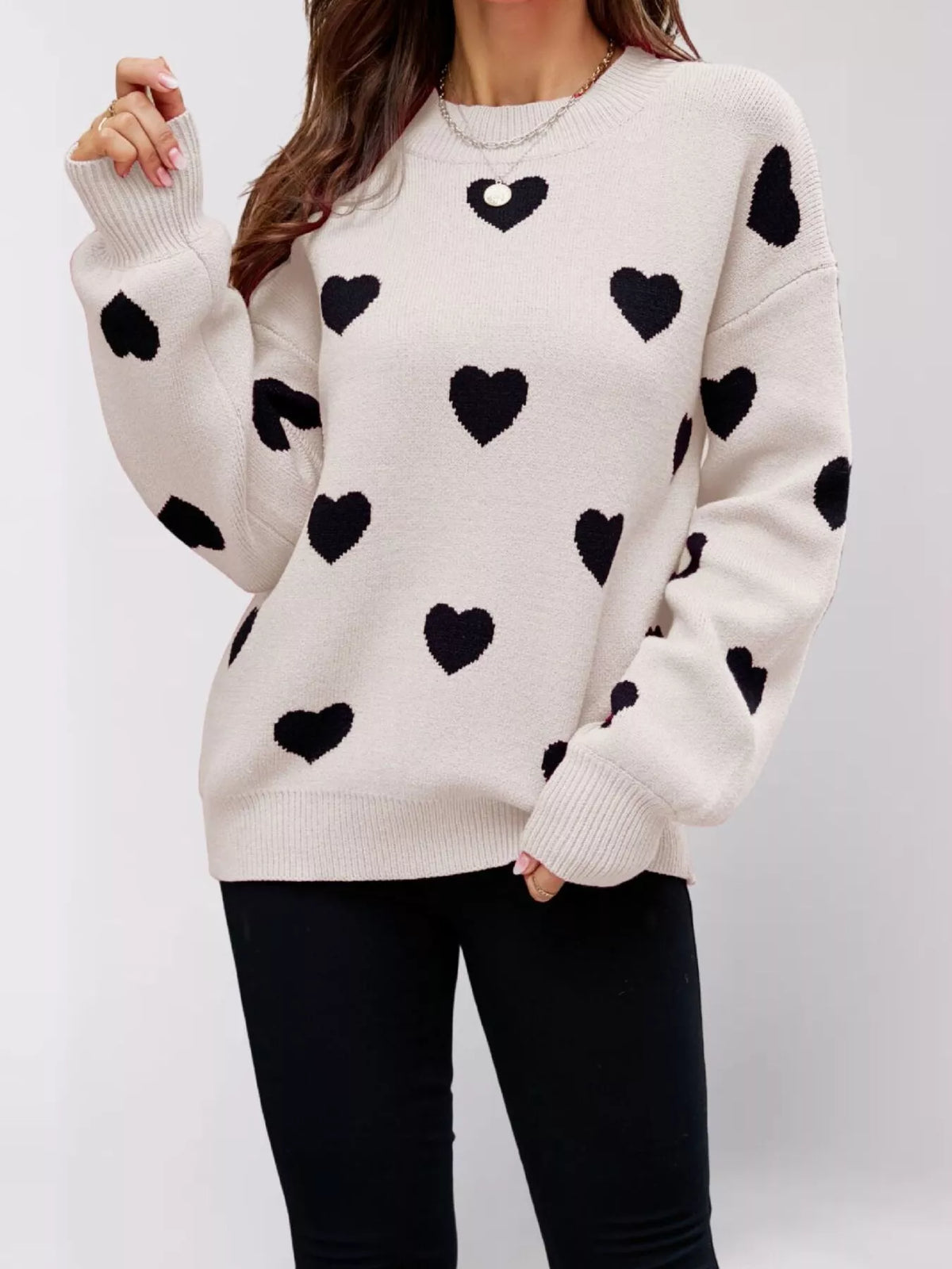 Heart-Patterned Dropped Shoulder Sweater