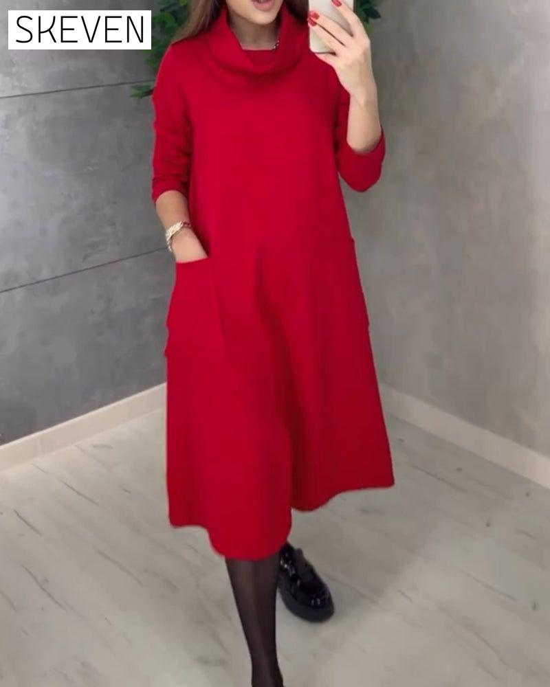 Solid color turtleneck pocket dress