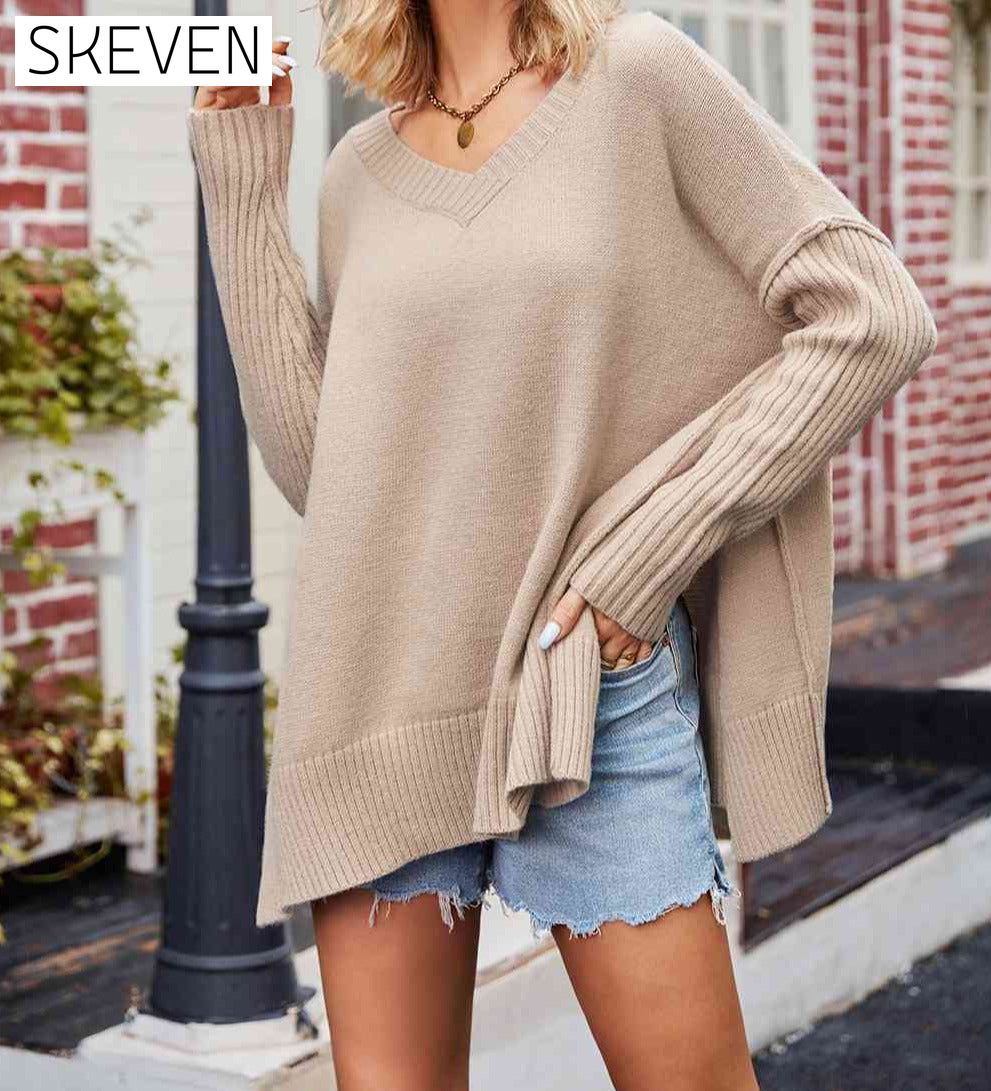 V-Neck Slit Exposed Seam Sweater Tan Cardigan clothes SF Knit Ship From Overseas Sweater Sweaters