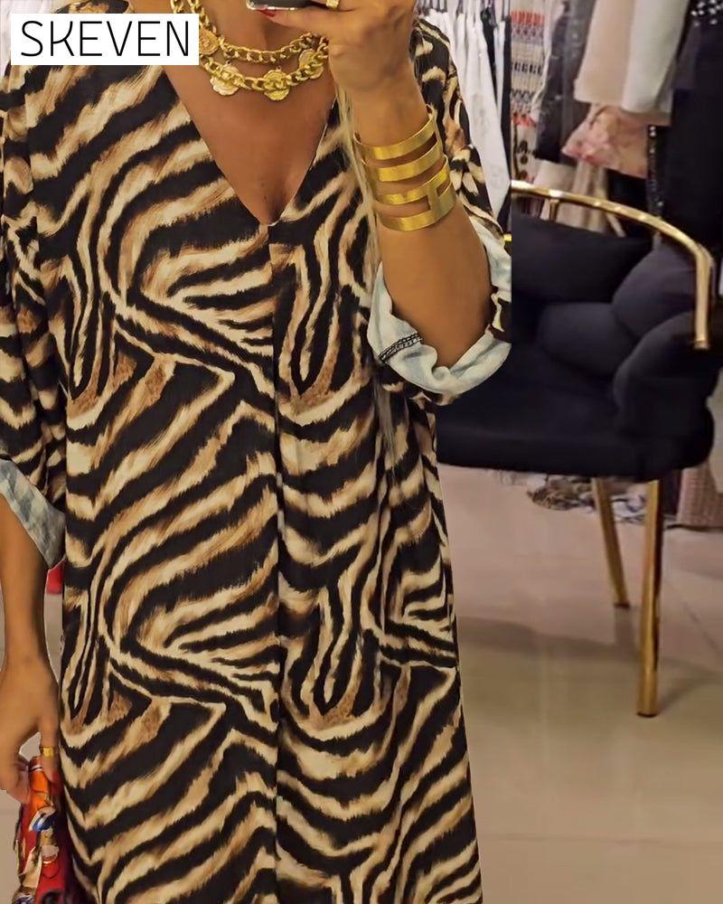 robe décontractée à col en V imprimé zèbre