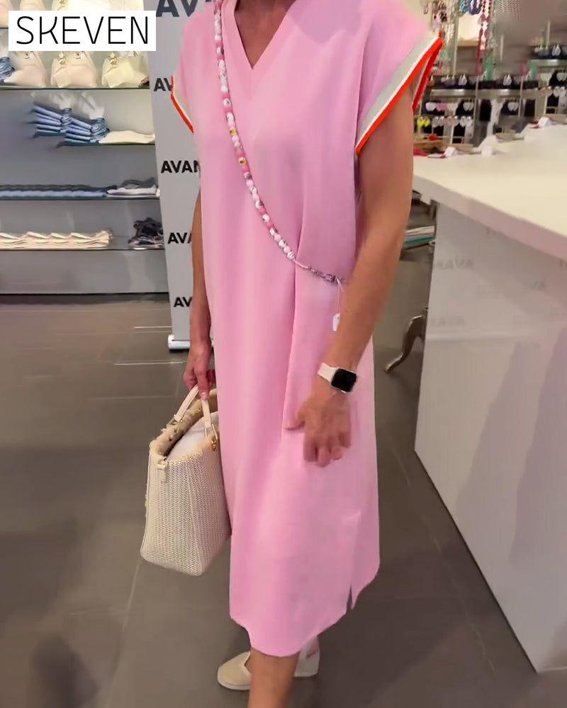 Robe décontractée fendue à manches en V et col en V, manches en feuille de lotus