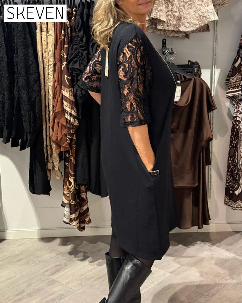 Stylish V-Neck Dress With Lace Sleeves