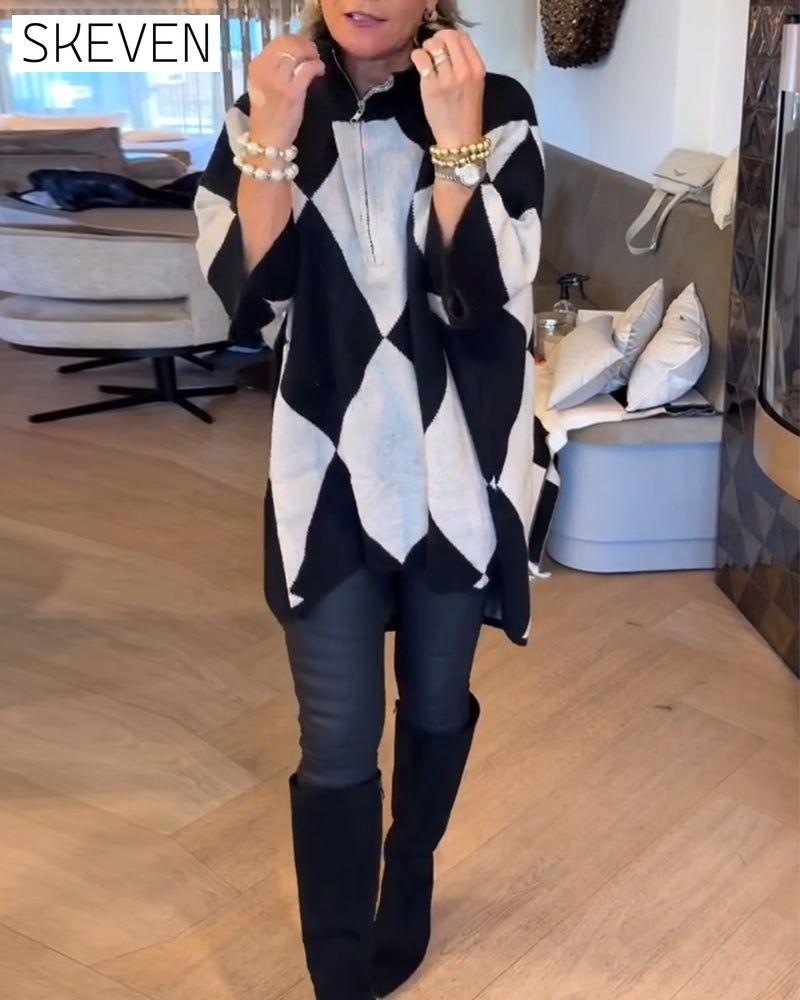 Stand-Up Collar Argyle Irregular Pullover