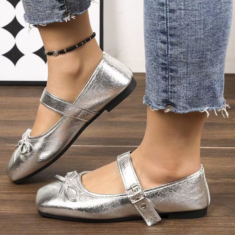 Mary Jane Women's French-style Large-size Square-toe Flat Shoes With A Bow Detail