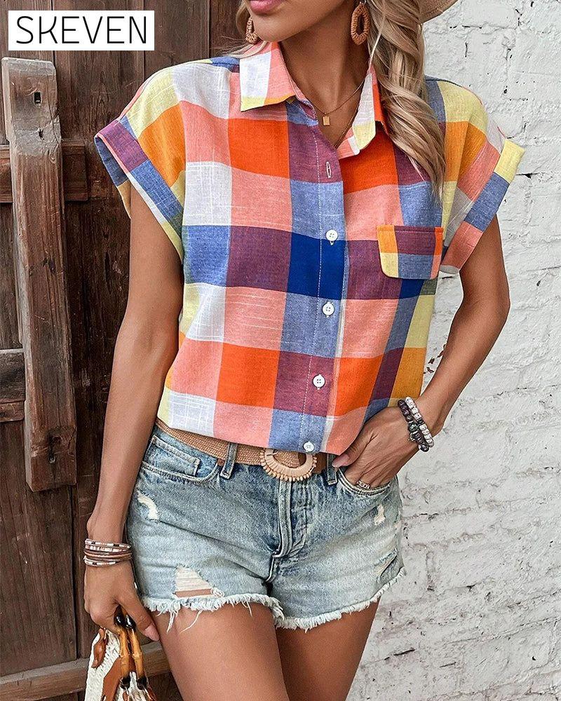 chemise décontractée à manches courtes à carreaux colorés