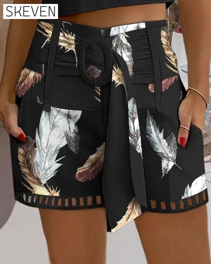 Feather print cutout elegant shorts shorts summer