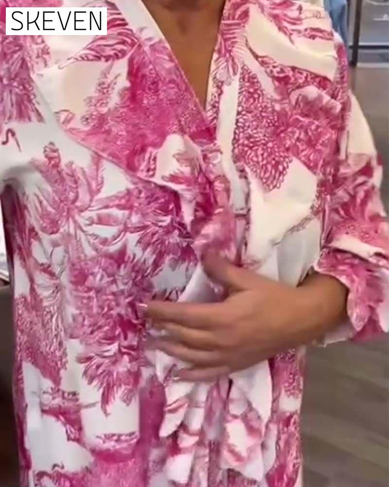 Gentle printed ruffle casual blouse