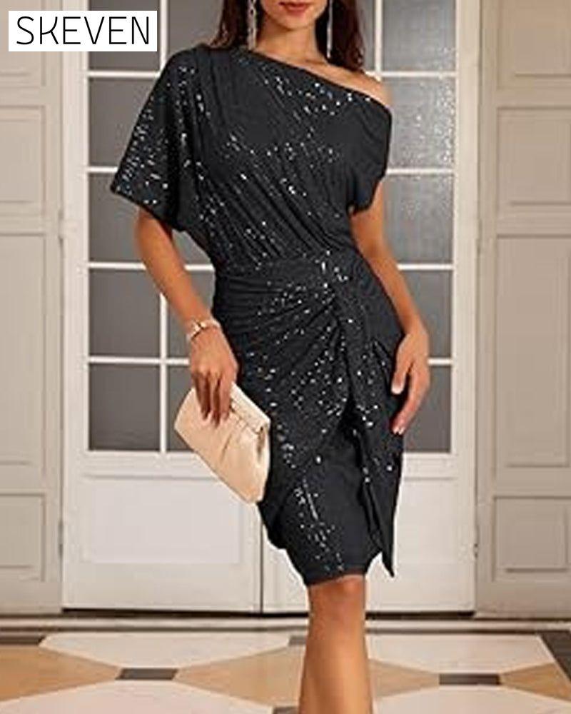 Robe élégante à sequins, décolleté en V et épaules dénudées