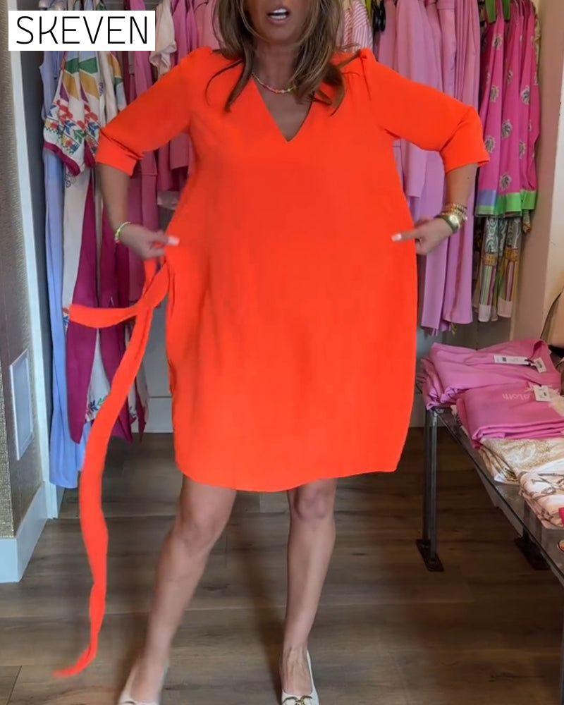 Midi Sleeve Solid Color Dress with Belt