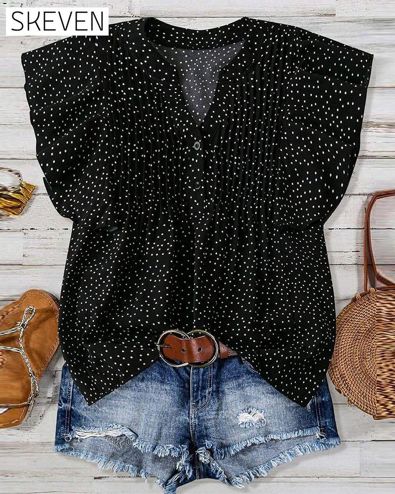 Bluse mit Rüschenärmeln, V-Ausschnitt und Polka-Dots