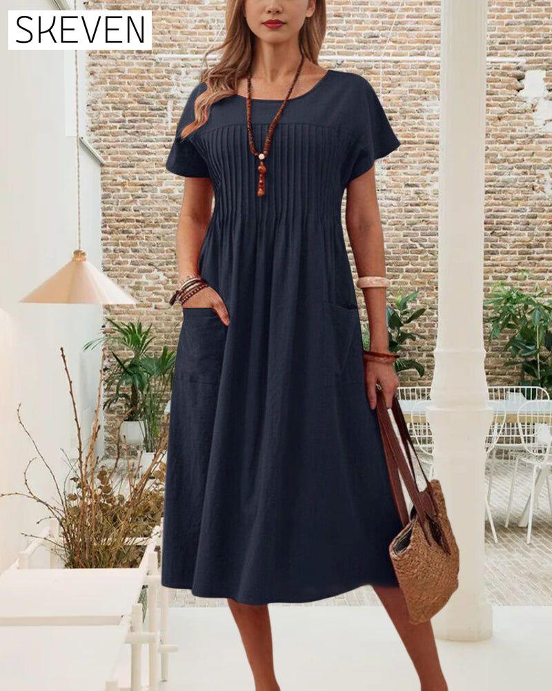 Pleated Short Sleeve Cotton And Linen Dress