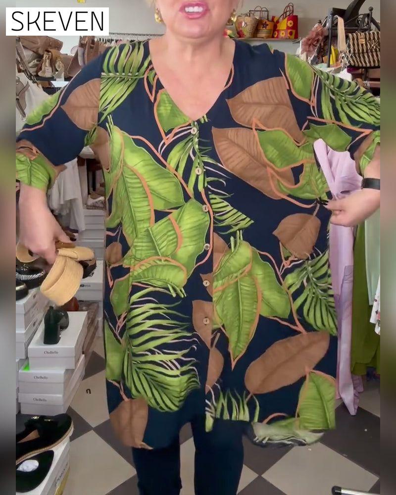 Robe ample à col en V et imprimé feuilles