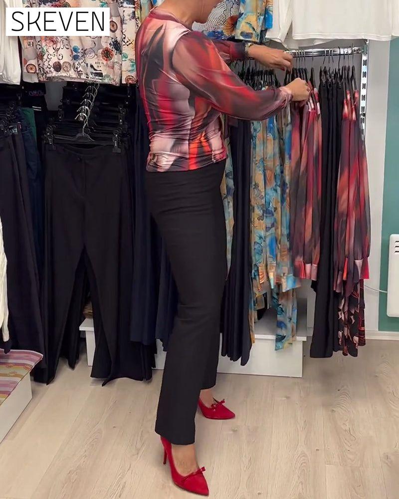 Elegant Long-Sleeved Printed Blouse