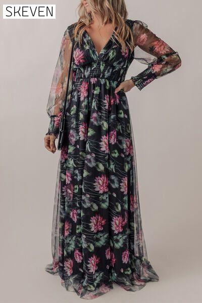 Somcked Floral V-Neck Long Sleeve Maxi Dress clothes dress dresses long sleeve dress long sleeve dresses maxi dress Ship From Overseas SYNZ