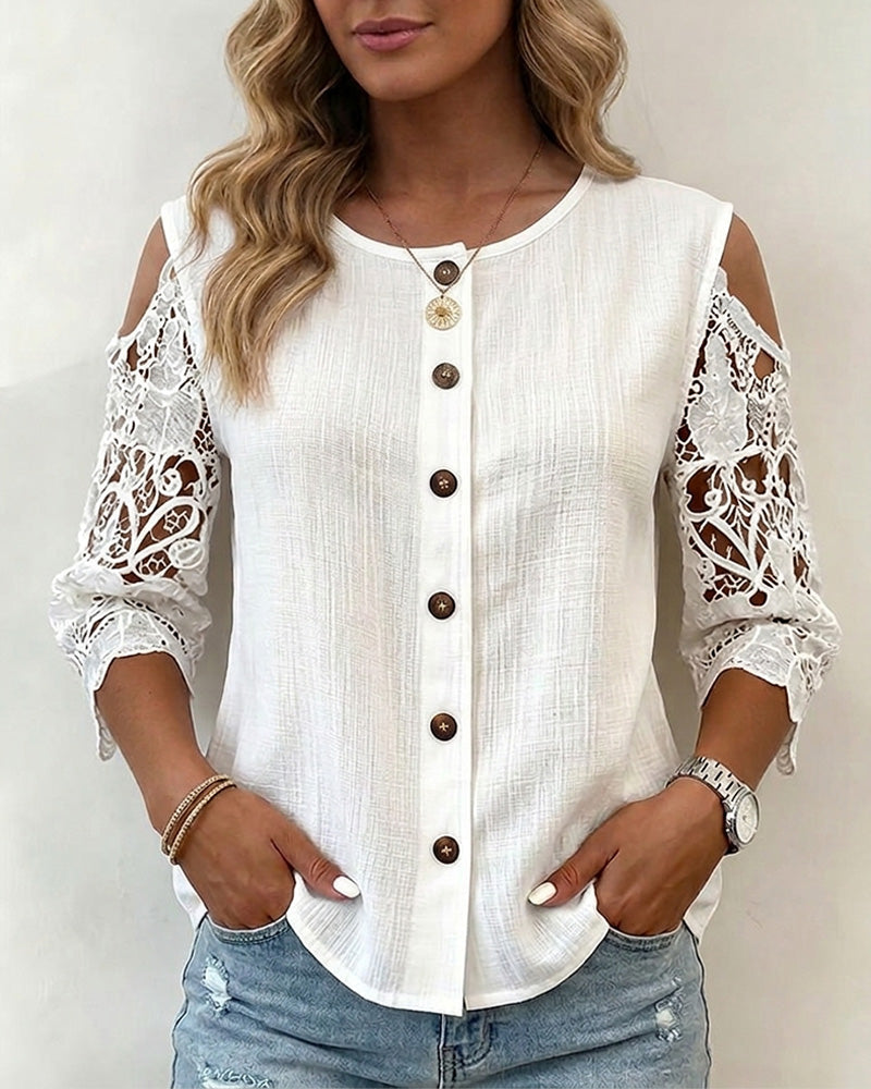 Cutout Off-Shoulder Button Blouse