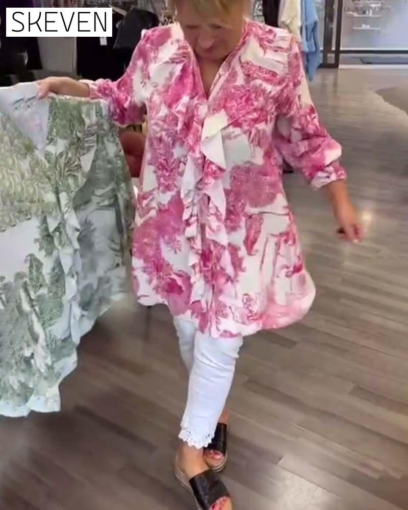 Gentle printed ruffle casual blouse