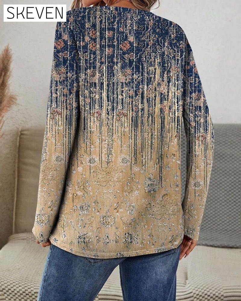 Retro-Langarmtop mit Rundhalsausschnitt und Print