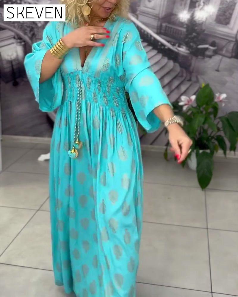 Loose Holiday Print Waist Maxi Dress