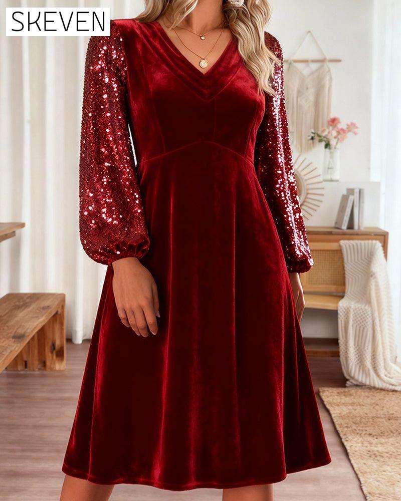 Casual V-Neck Solid Color Velvet Dress