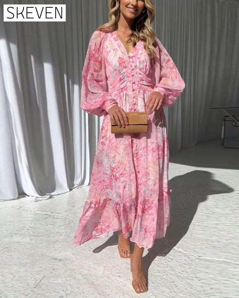Gentle button print long dress casual dresses spring summer