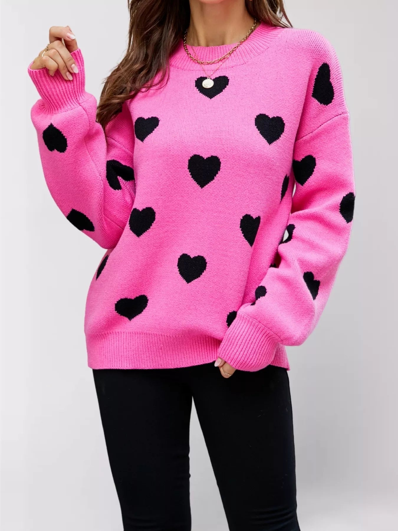 Heart-Patterned Dropped Shoulder Sweater