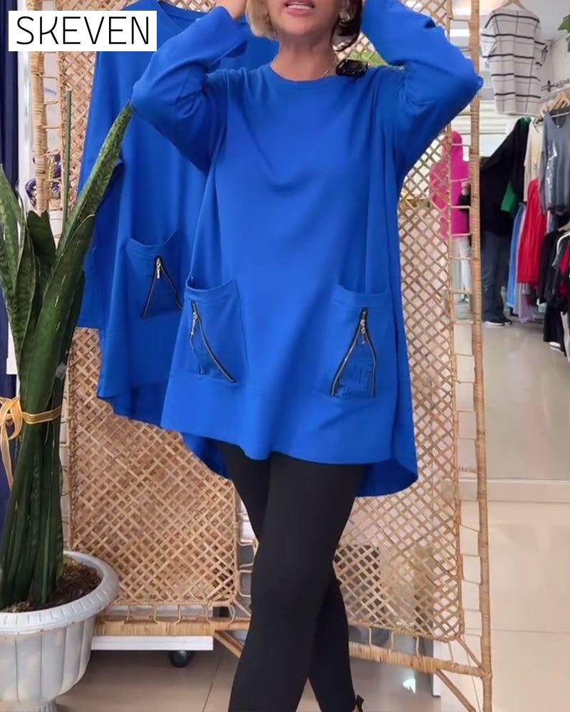 Round Neck Solid Color Zipper Pocket Sweatshirt