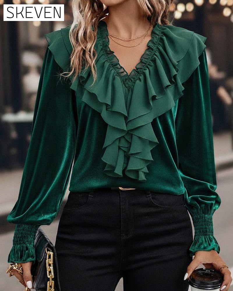 Ruffled V-Neck Long-Sleeved Velvet Top