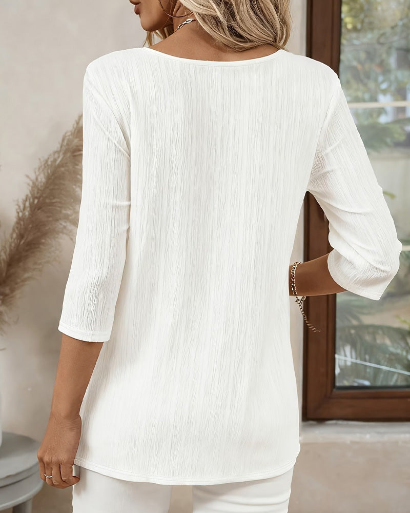 Solid-Color Round-Neck 3/4-Sleeve Blouse
