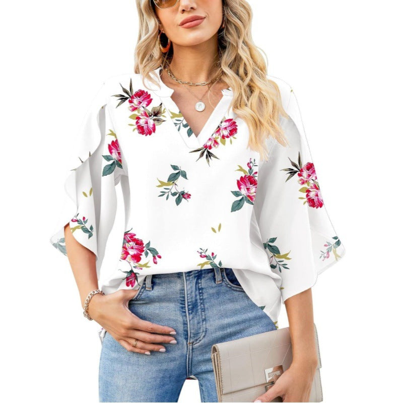 Women's Loose V-neck Petal Chiffon Top