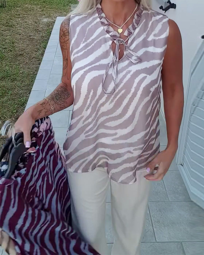 Zebra Print Sleeveless Ribbon Collar Blouse
