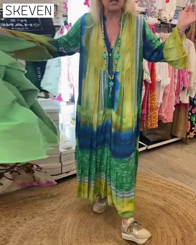 Printed casual V-neck flare sleeve long dress casual dresses spring summer vacation dresses