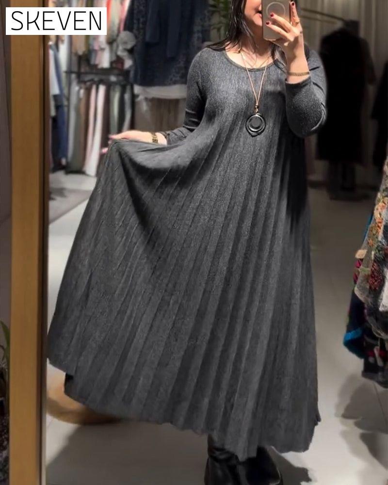 Round Neck Pleated Loose Long Dress