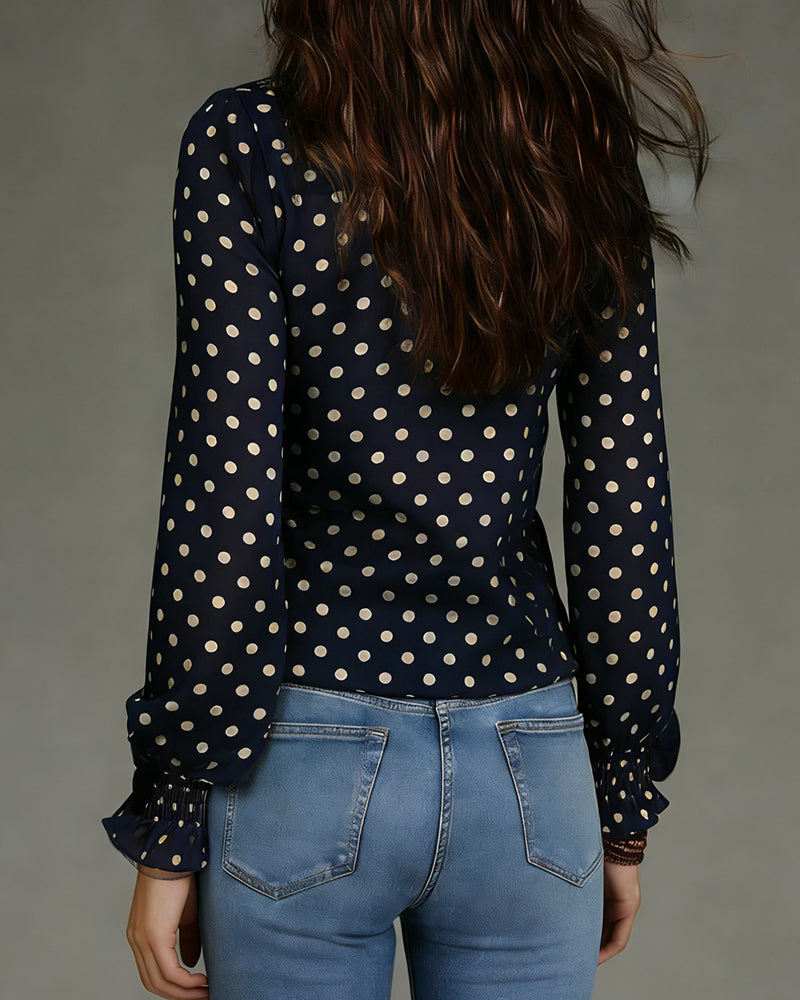 Half-Zip Ruffle Polka Dot Blouse
