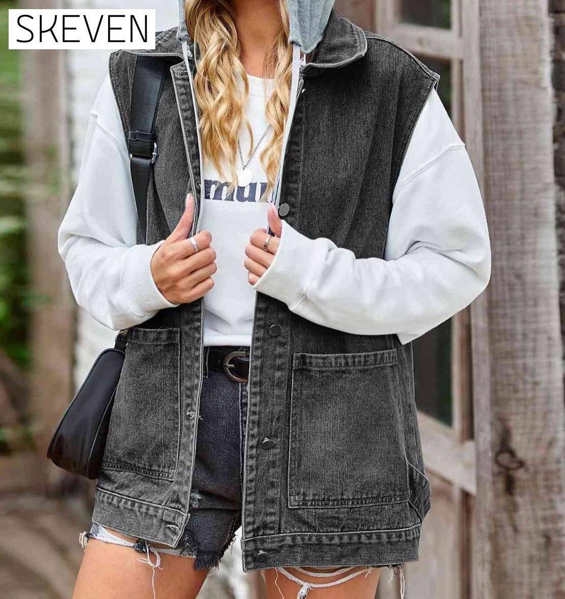 Button Up Sleeveless Denim Jacket with Pockets Black clothes Manny Ship From Overseas