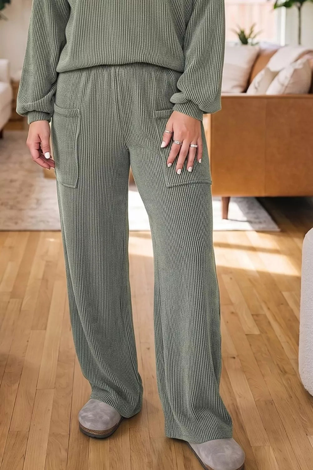 Plus Size Twisted Ribbed Exposed Seam Detail V Neck Top and Pants Set
