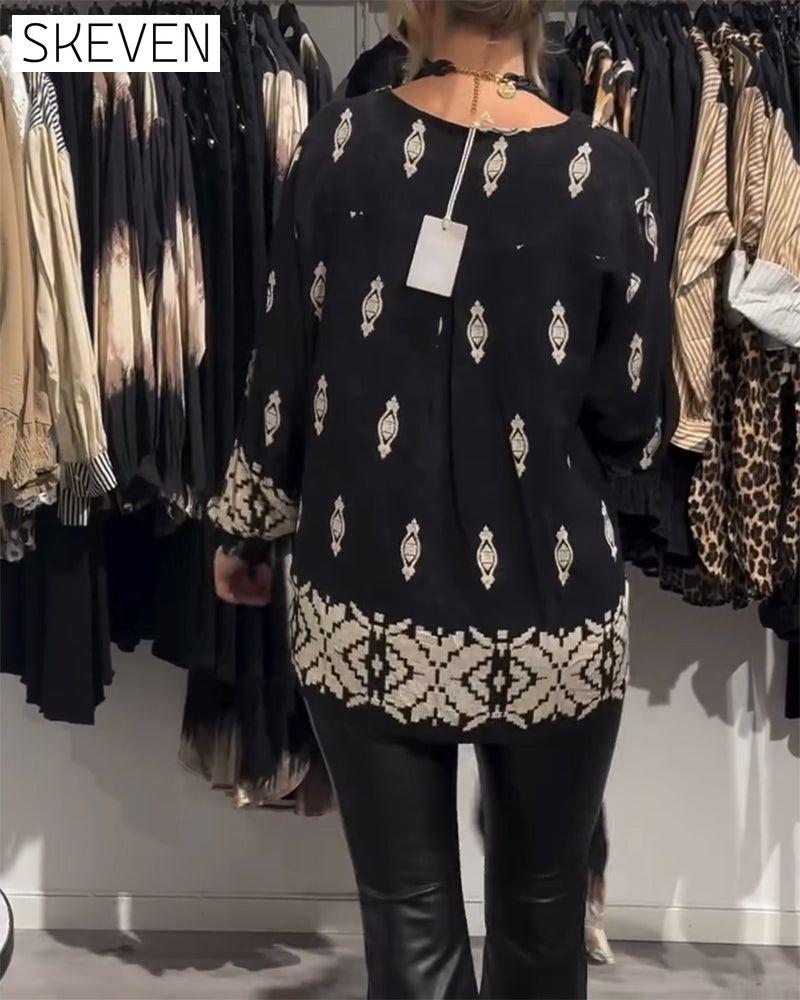 chemise imprimée à col en V et manches lanternes