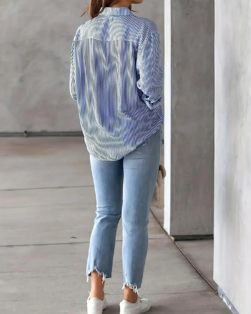 Striped Pocket Long Sleeve Loose Shirt