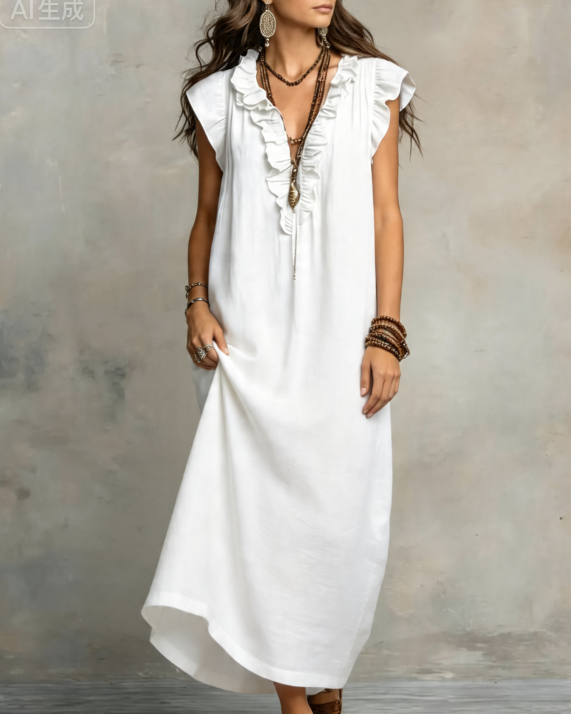 V-Neck Ruffled Sleeveless Long Dress