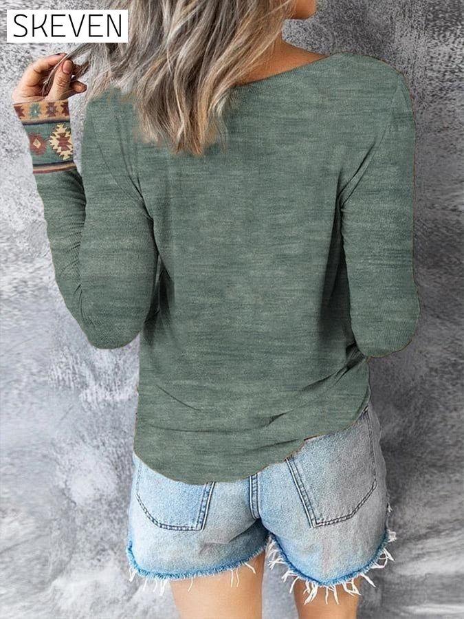 Women's Western Ethnic Style Printed V-neck T-shirt top tops