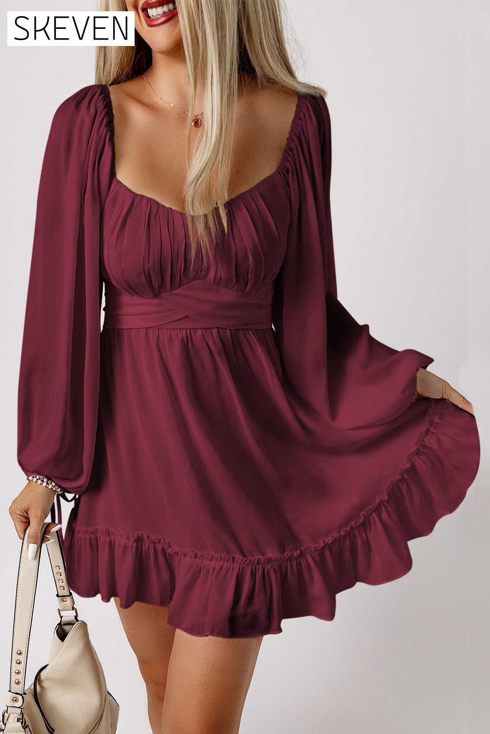 Fiery Red Plain Ruffled High Waist Square Neck Mini Dress Fiery Red 100%Polyester casual dresses clothes dress dresses long sleeve dress long sleeve dresses long sleve dresses short dresses