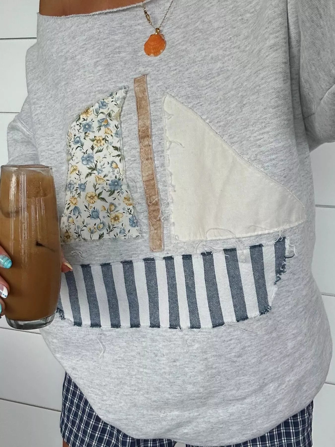 Boat Neck Long Sleeve Patchwork Sweatshirt