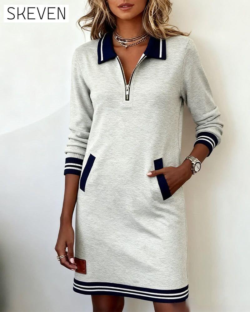 Zipper Lapel Long Sleeve Dress