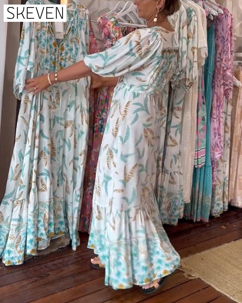 Maxikleid mit V-Ausschnitt und Blätterprint für Damen