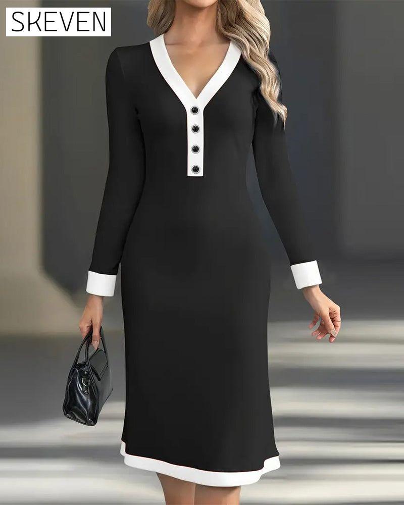 Robe élégante à manches longues et couleurs contrastées