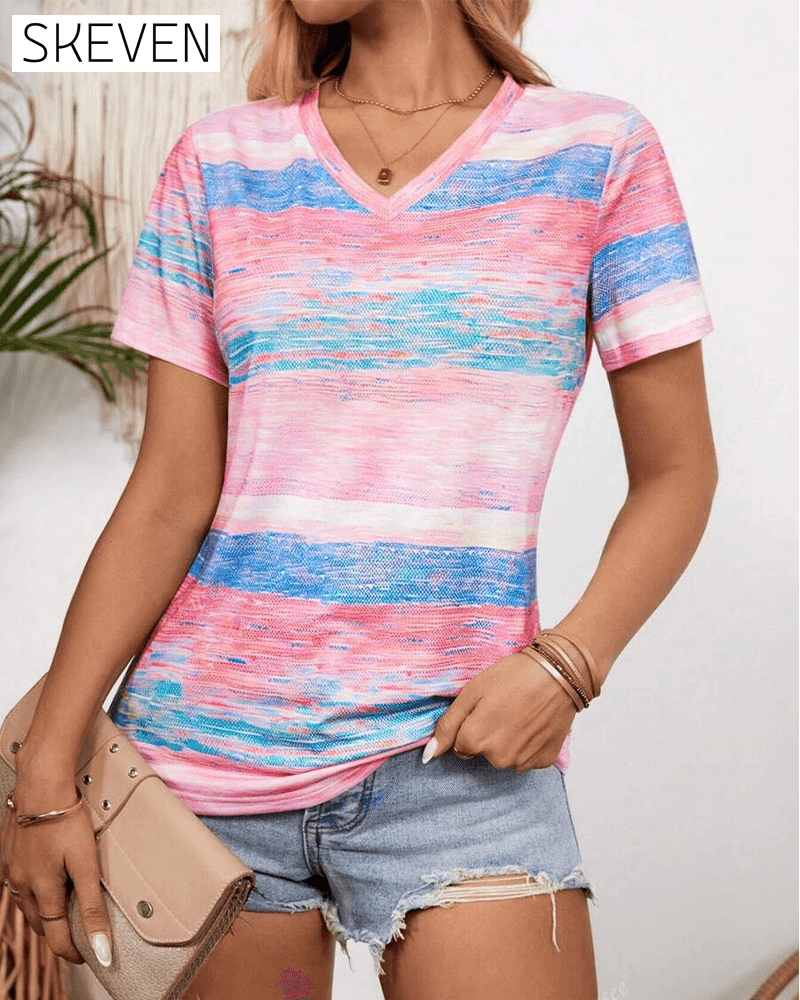 V-Neck Colorful Striped Versatile T-Shirt
