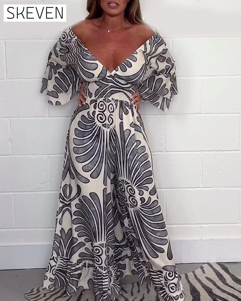 Deep V retro printed bell sleeve loose jumpsuit jumpsuits & rompers spring summer