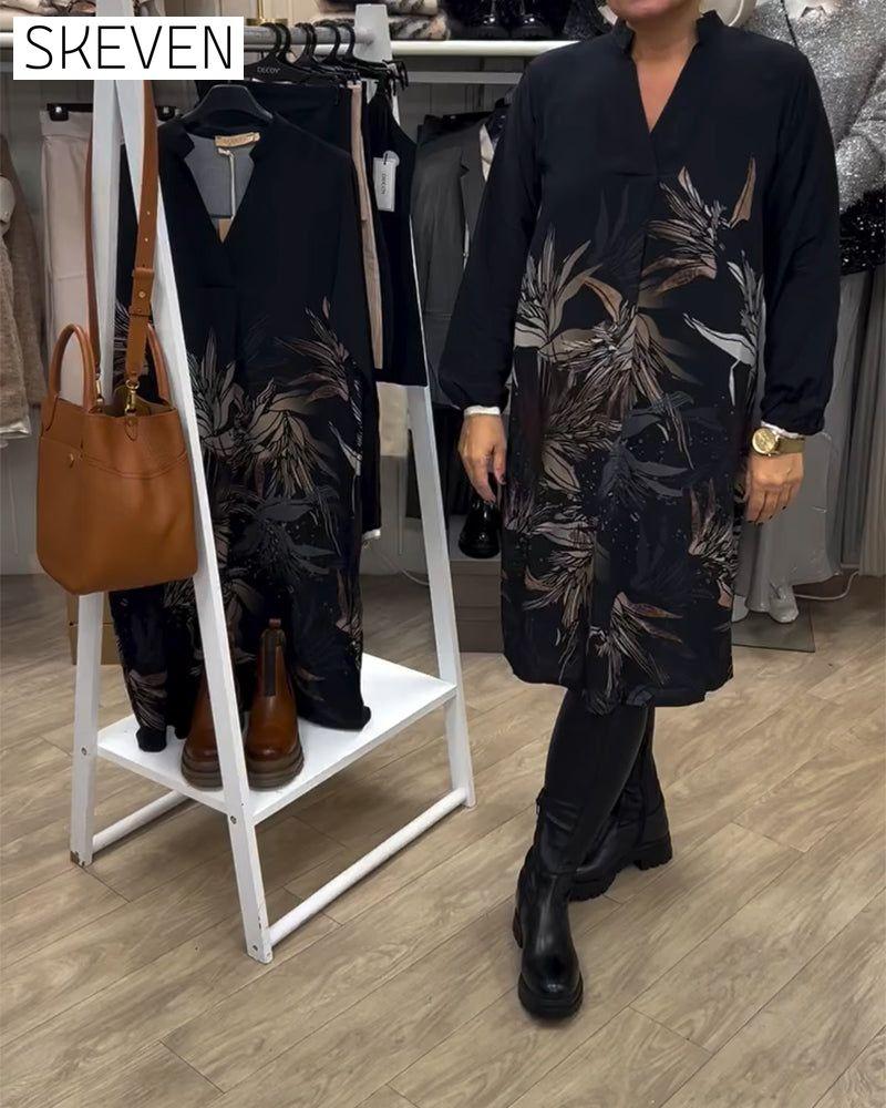 V-Neck Leaf Print Long-Sleeved Dress
