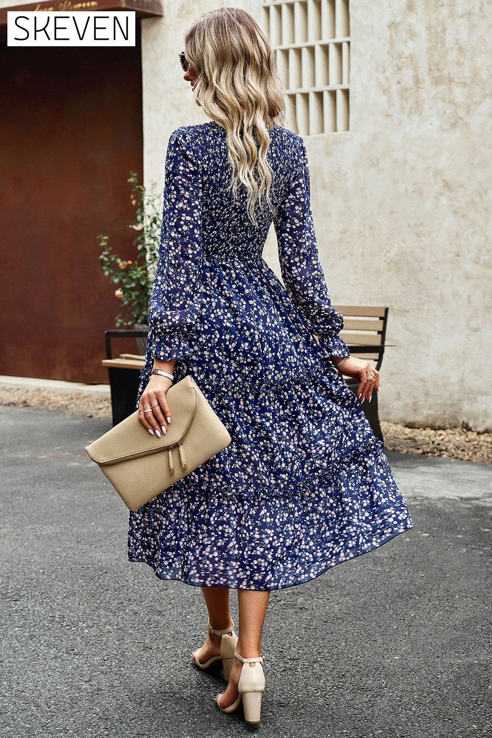 Smocked Flounce Sleeve Midi Dress clothes DY Ship From Overseas trendsi